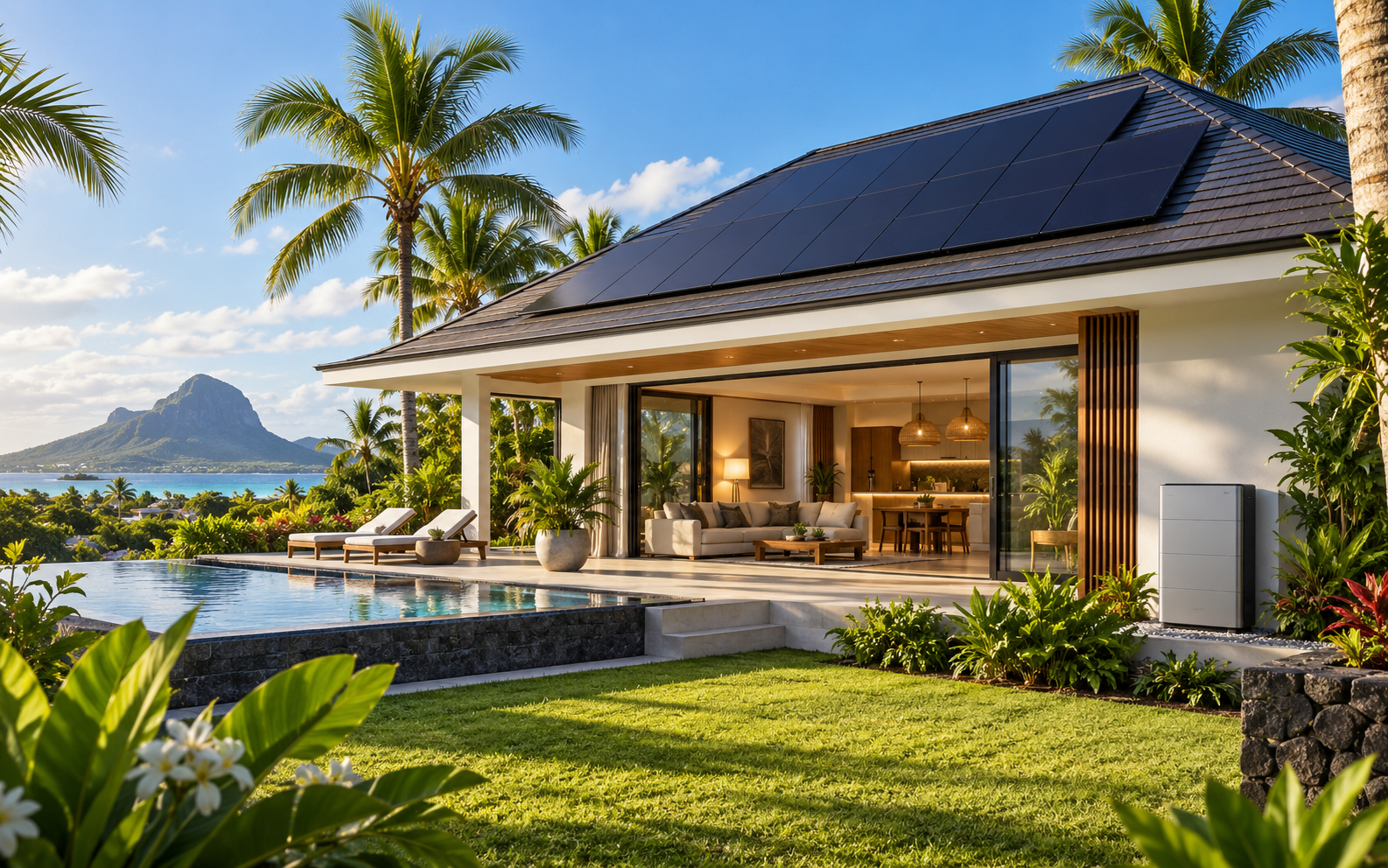 Villa mauricienne équipée de panneaux photovoltaïques et d’une batterie résidentielle O.S.E.
